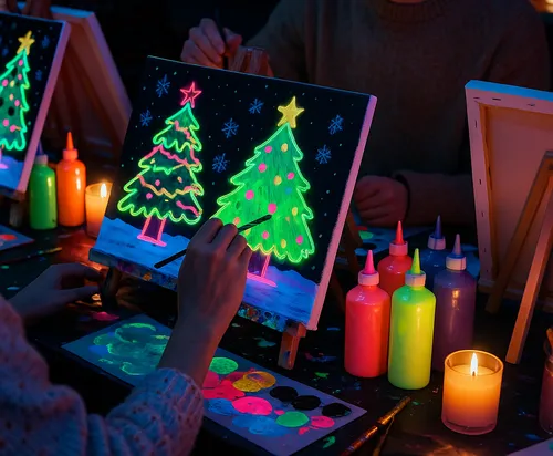Person malt Neon-Weihnachtsbaum bei schwachem Licht.