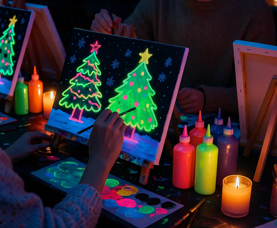 Person malt Neon-Weihnachtsbaum bei schwachem Licht.