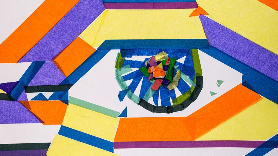 Colorful paper collage depicting an abstract eye.