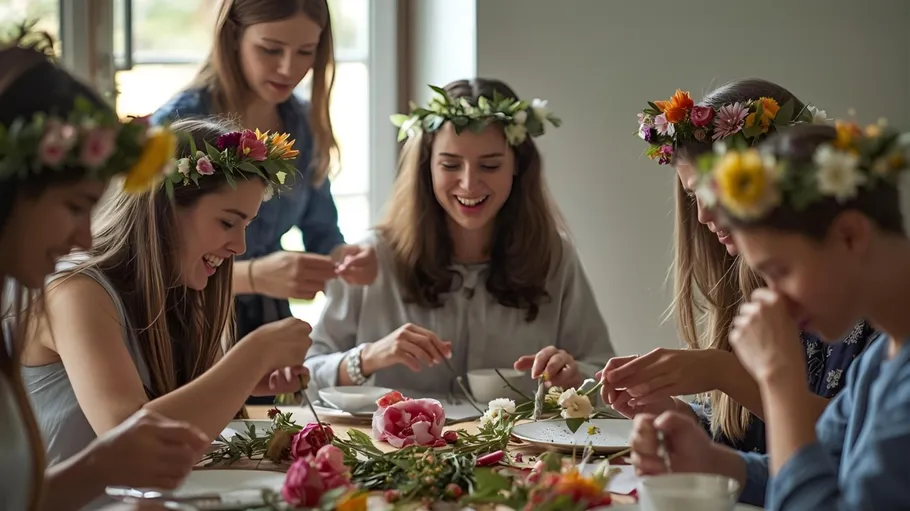 Frauen mit Blumenkränzen basteln gemeinsam drinnen.