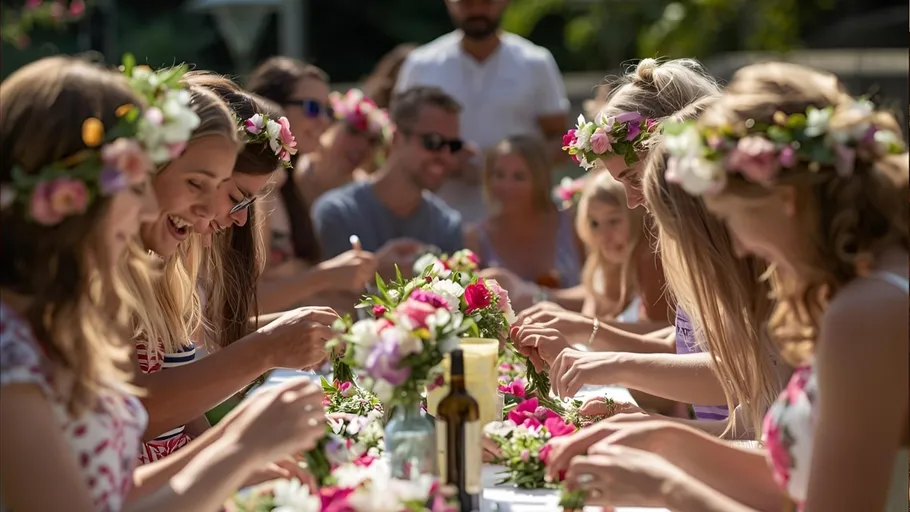 Frauen machen Blumenkränze an einem Tisch draußen.