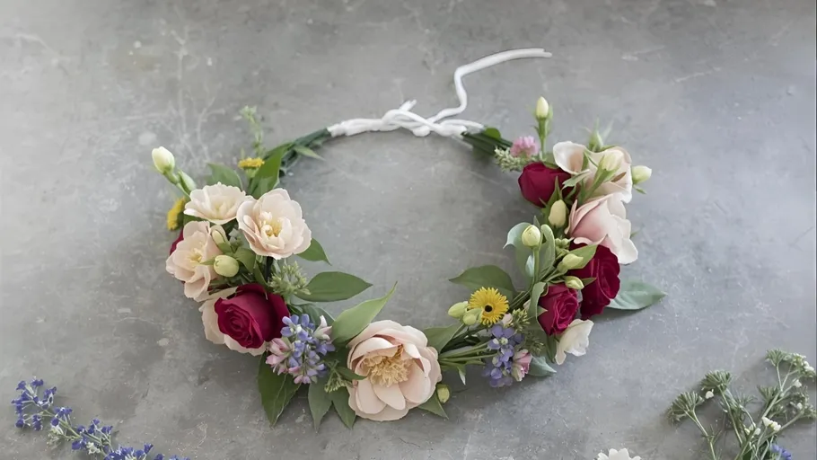 Floral crown with roses on gray surface.