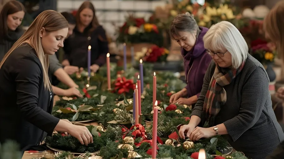 Menschen basteln Kränze mit Kerzen und Dekorationen.