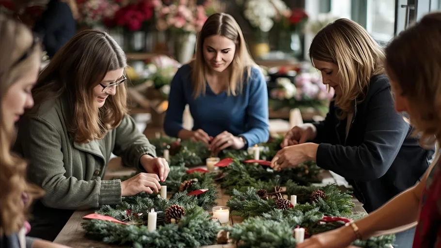Women crafting wreaths at a workshop table.