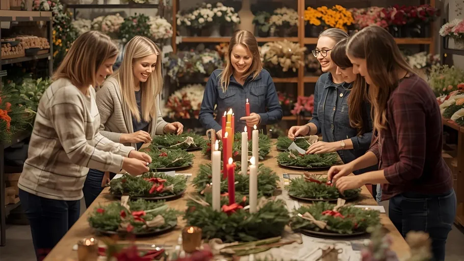 People crafting wreaths around a table indoors.