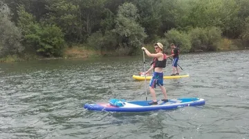 Zwei Personen paddleboarden auf einem Fluss, umgeben von Bäumen.