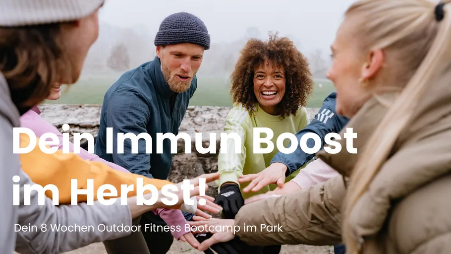 Group exercise cheer, outdoor park setting.