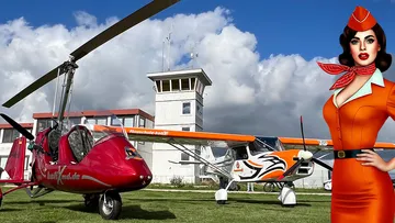 Gyrocopter and airplane parked near control tower.