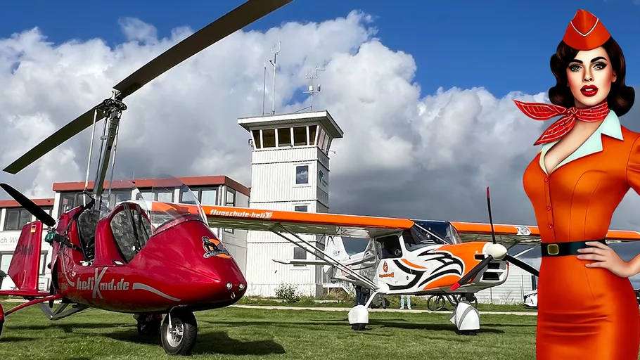 Gyrokopter und Flugzeug parken nahe Kontrollturm.