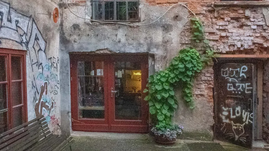 Städtischer Hof mit Graffiti und Pflanzen.