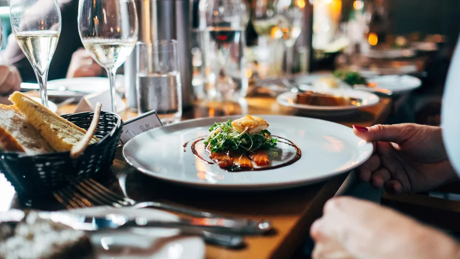Gourmet dish on plate in elegant restaurant.