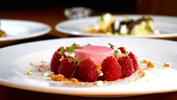 Raspberry dessert with pink mousse on plate.