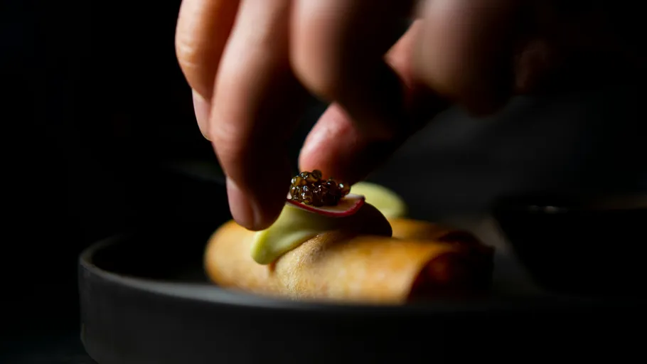 Hand legt Garnitur auf Gourmet-Vorspeise.