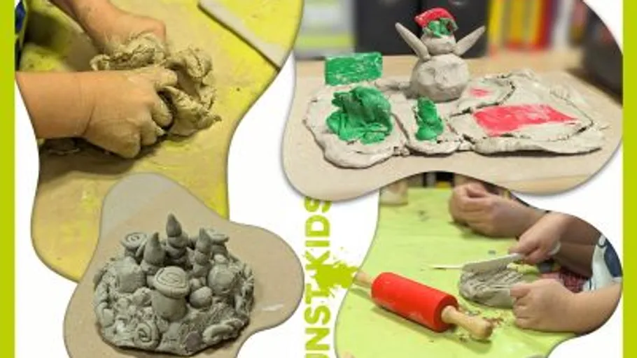 Kinder formen Tonfiguren auf einem Tisch.