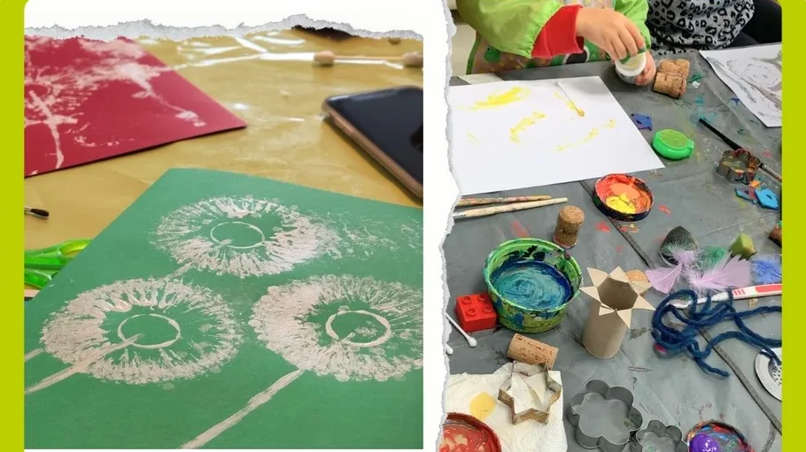 Kinder basteln mit Farben und verschiedenen Materialien.