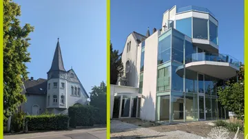 Zwei Gebäude, eins traditionell, eins modern.