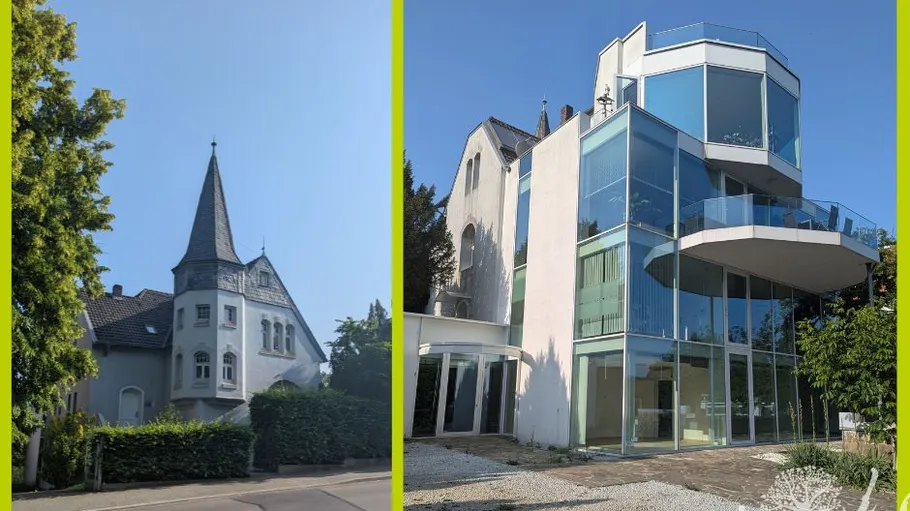 Two contrasting houses in a sunny neighborhood.