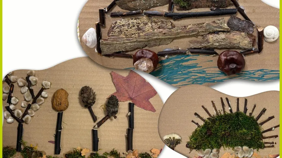 Naturbastelarbeit mit Stöcken, Blättern und Muscheln.