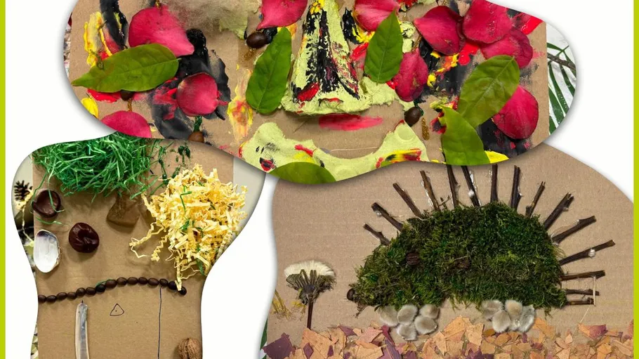 Naturmaterialien in künstlerischen Collagen angeordnet.