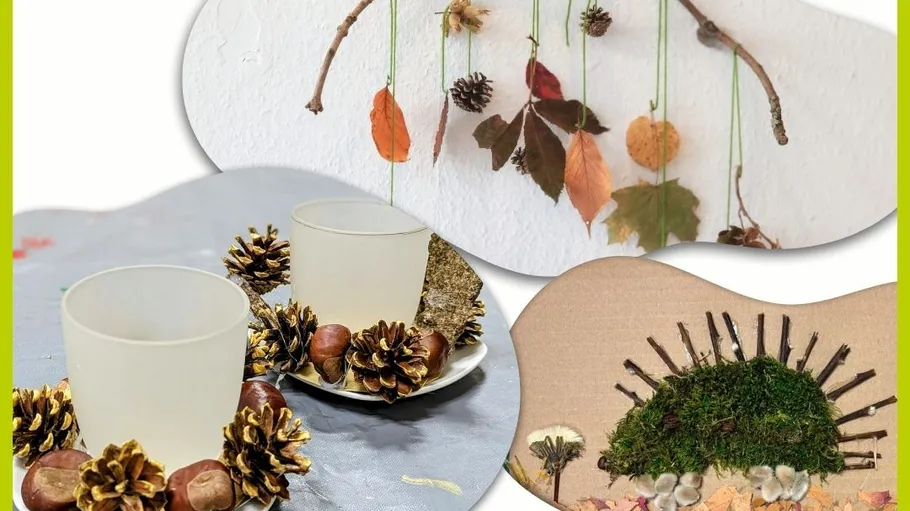 Autumn crafts featuring leaves and pinecones.