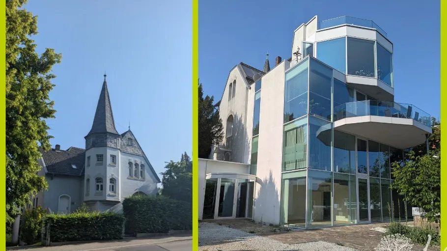 Two houses: one traditional, one modern.