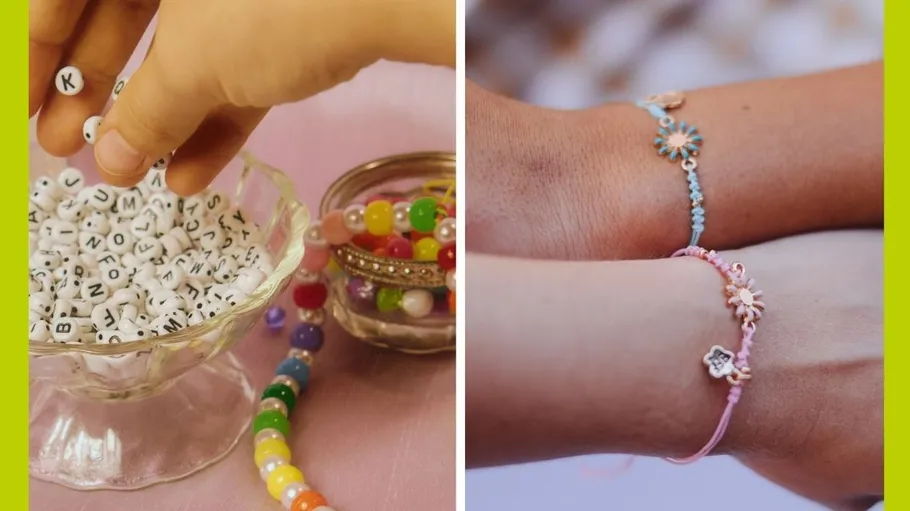 Hand nimmt Perlen; zwei Hände mit Armbändern.