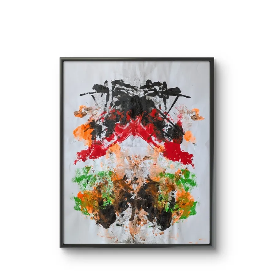 Abstract painting with colorful symmetrical patterns.