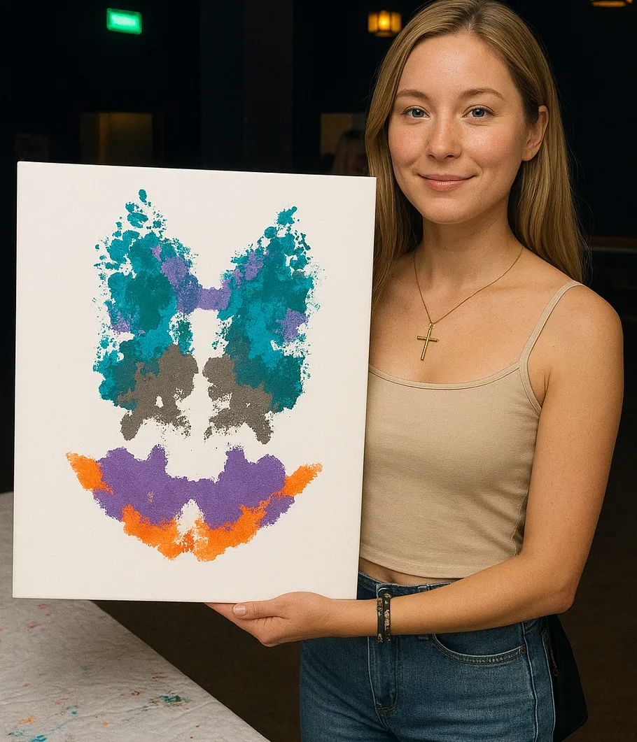 Woman holding colorful inkblot canvas indoors.