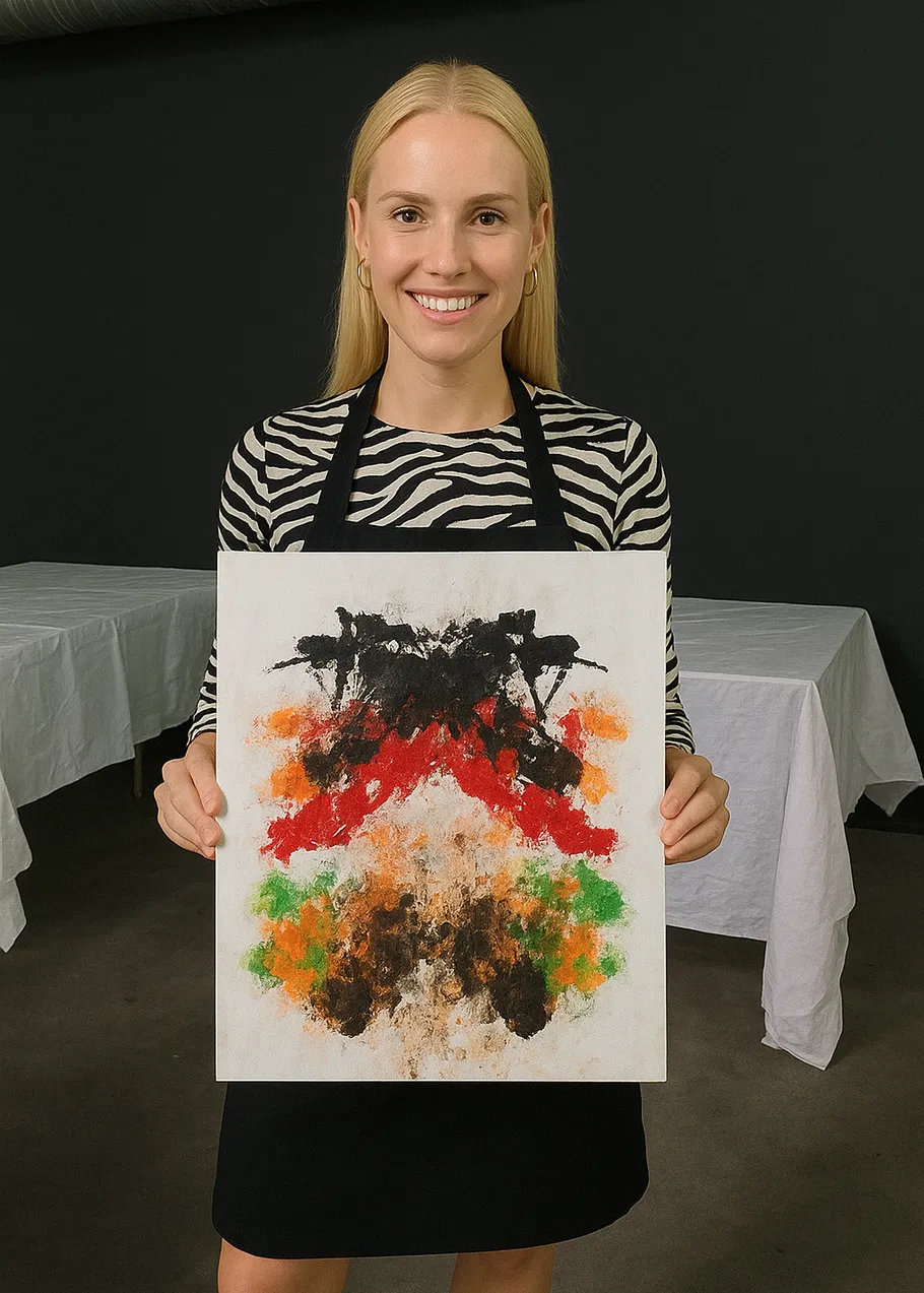 Person holding abstract painting in room.