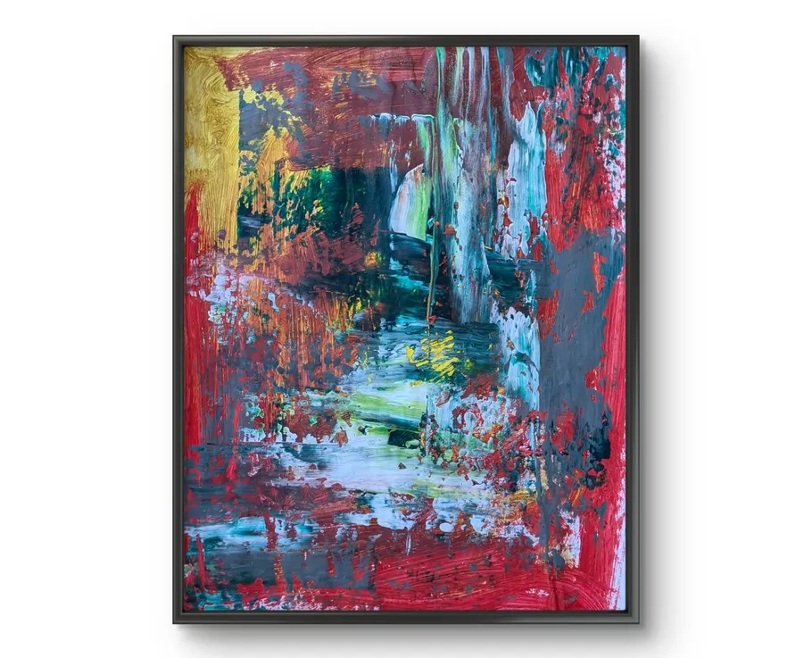 Abstract painting with vibrant colors in a frame.