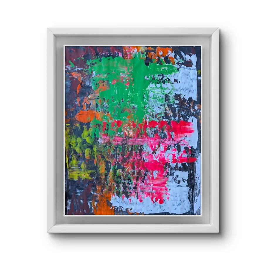 Abstract painting with colorful brushstrokes, framed.
