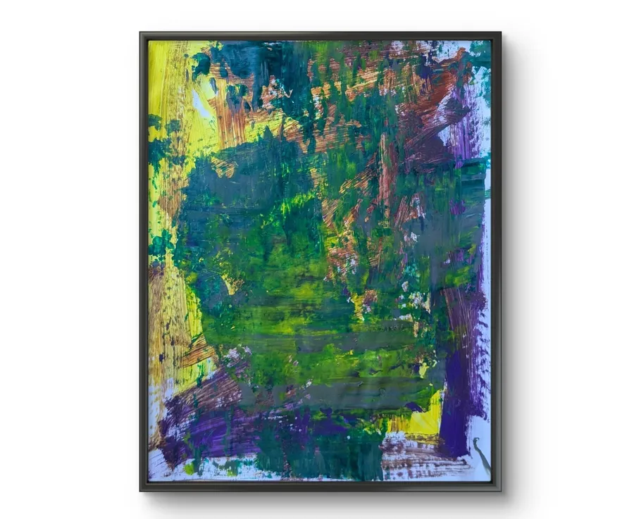 Abstract painting with colorful brush strokes.