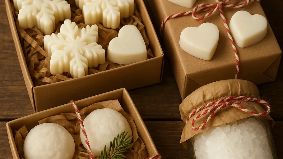 Geschenkboxen mit geformten Seifen auf Holztisch.