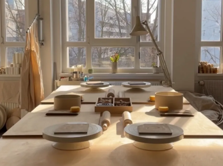Pottery studio with tables and windows.