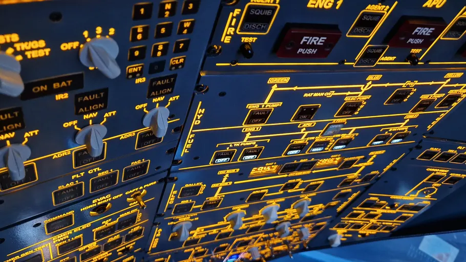 Illuminated airplane cockpit control panel.