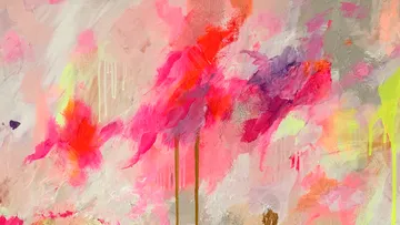 Abstract painting with vibrant pink and orange colors.