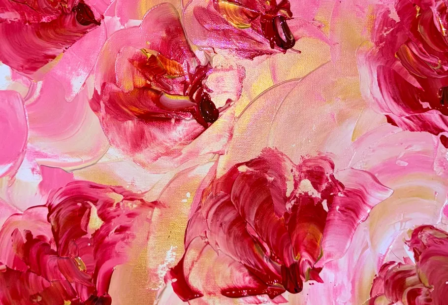 Abstract pink and red brushstrokes on canvas.