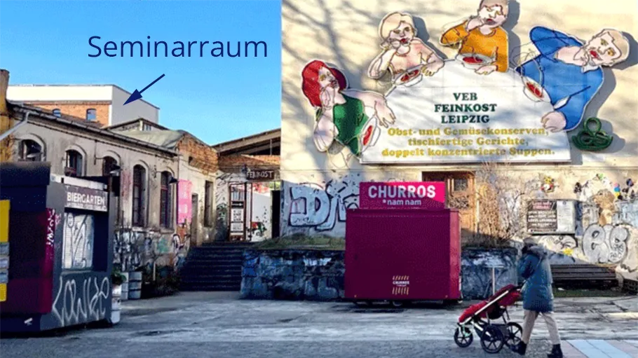 Mural with eating figures on building wall.