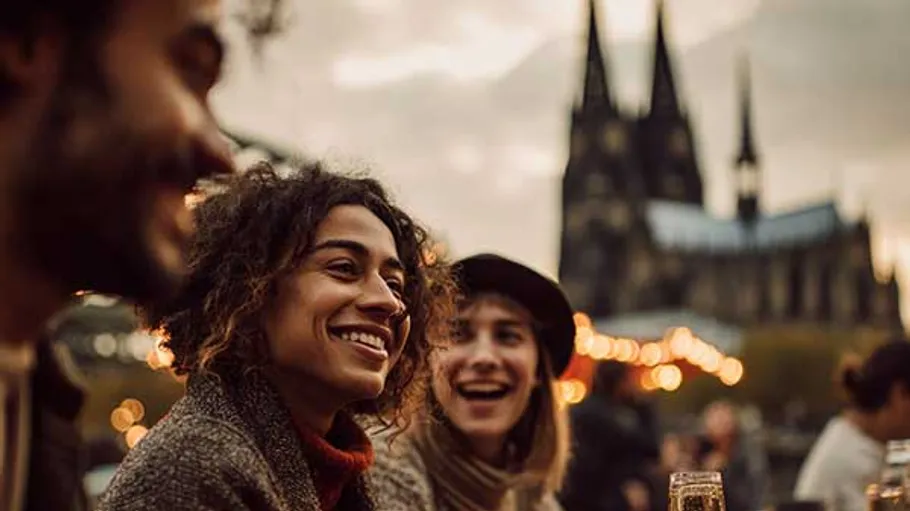 Drei Menschen lächeln, Kathedrale im Hintergrund.