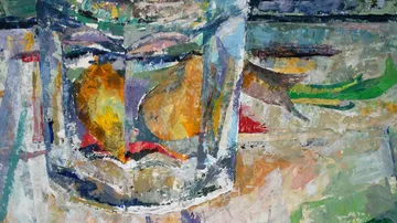 Abstract painting of a glass with fruit.