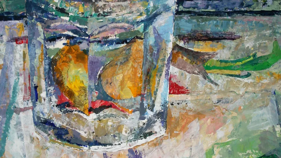 Abstract painting of a glass with fruit.