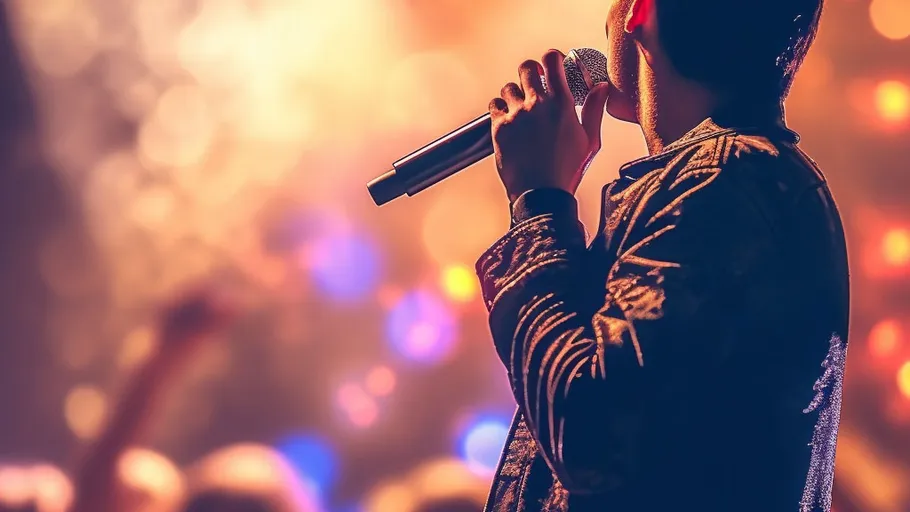 Person singt mit Mikrofon auf Bühne.