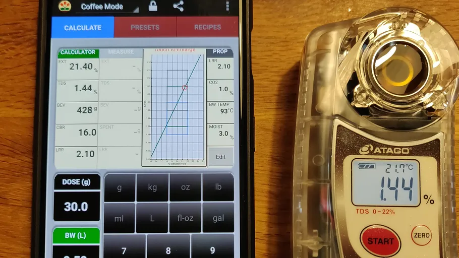 Smartphone mit Kaffee-Rechner-App und Refraktometer.