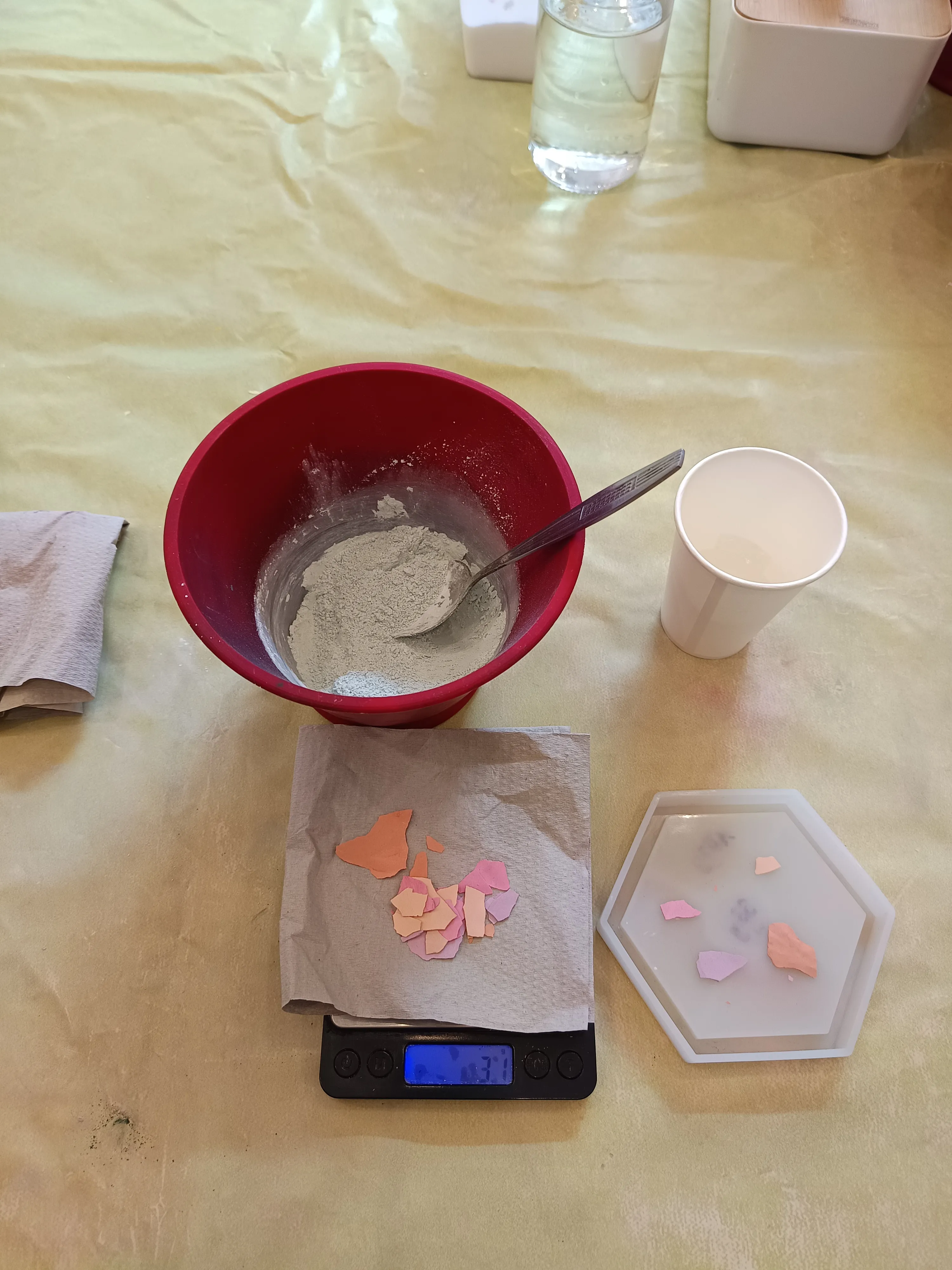 Ingredients and tools for crafting on table.