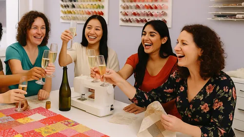 Five women toast with champagne in sewing room.