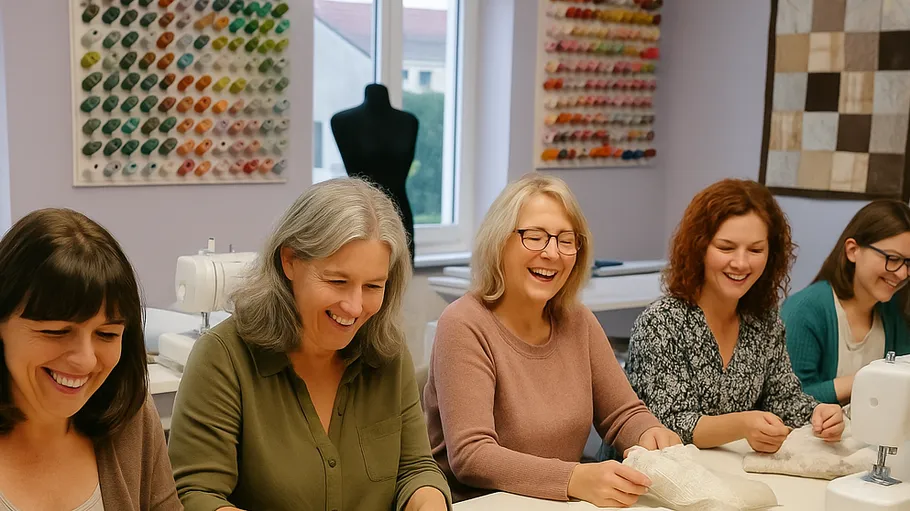 Five women sewing and laughing together indoors.