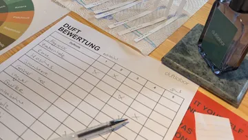 Scent evaluation forms with fragrance strips.