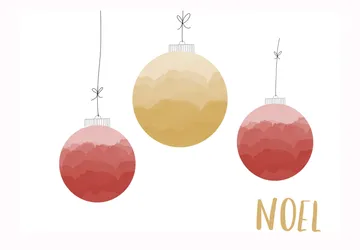 Three hanging ornaments, text 'NOEL' below.