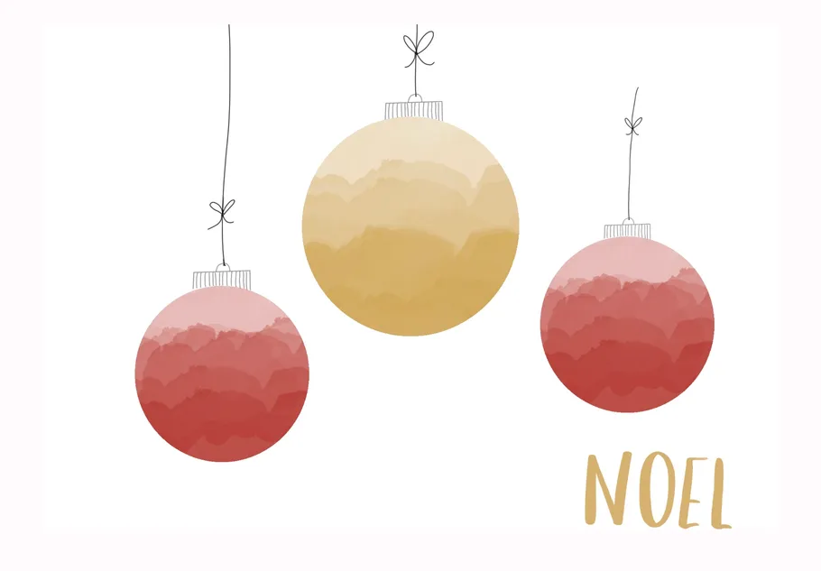 Drei hängende Ornamente, Text 'NOEL' unten.