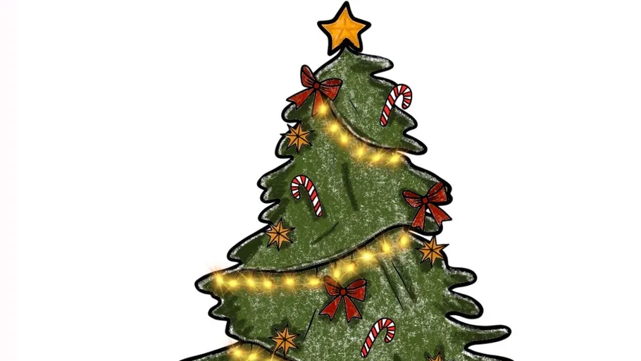 Geschmückter Weihnachtsbaum mit Stern und Lichtern.